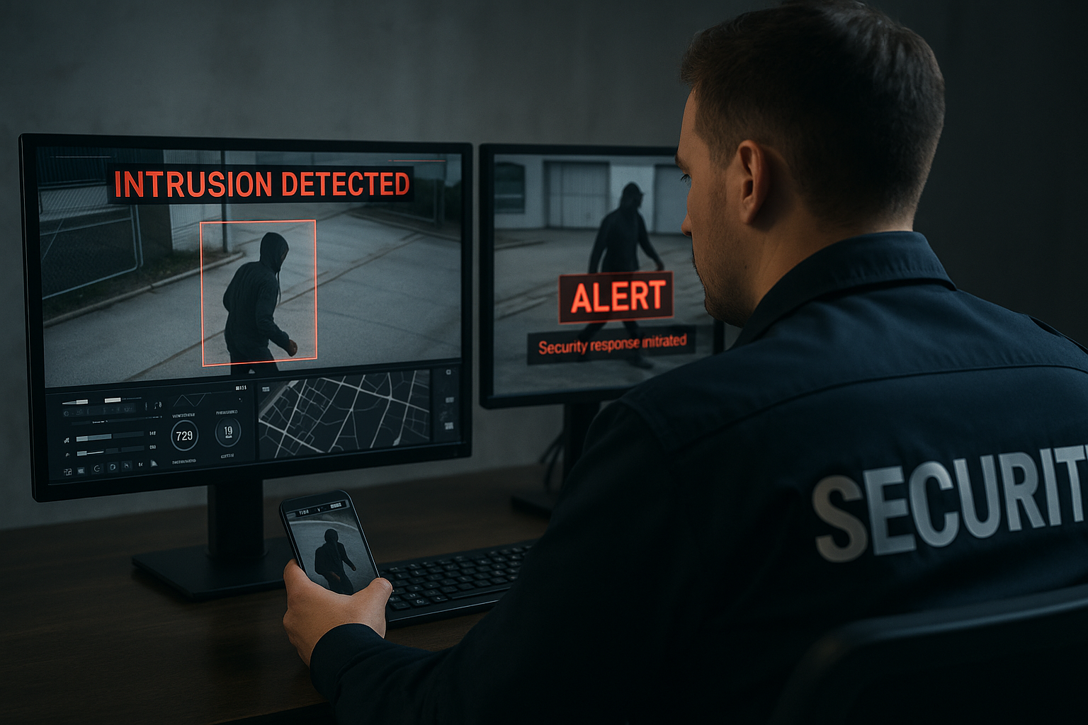Security control room showing intrusion detection system with multiple monitors displaying INTRUSION DETECTED alerts and real-time surveillance feeds